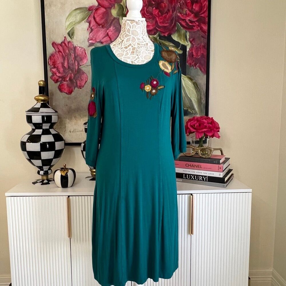 Caite Women's Embroidered Applique Floral Flared Dress Teal Green Size XL NWT